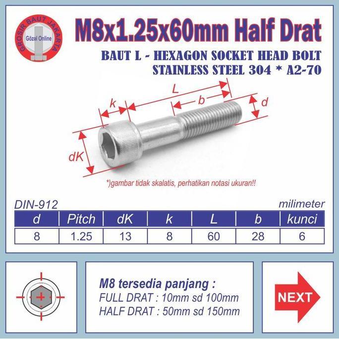 Baut L SS304 - M8 x60mm Half drat - kunci L 6mm - Stainless SUS 304