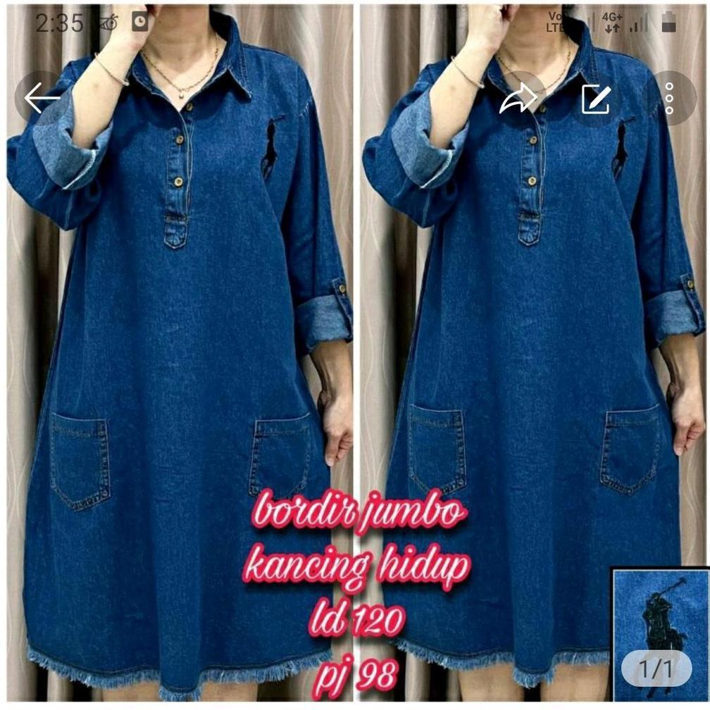 Tunik Jeans Wanita Dewasa Terbaru 2025 Kekinian Import Harga Murah Model Jumbo Bordir Ld 110,Ld 120 