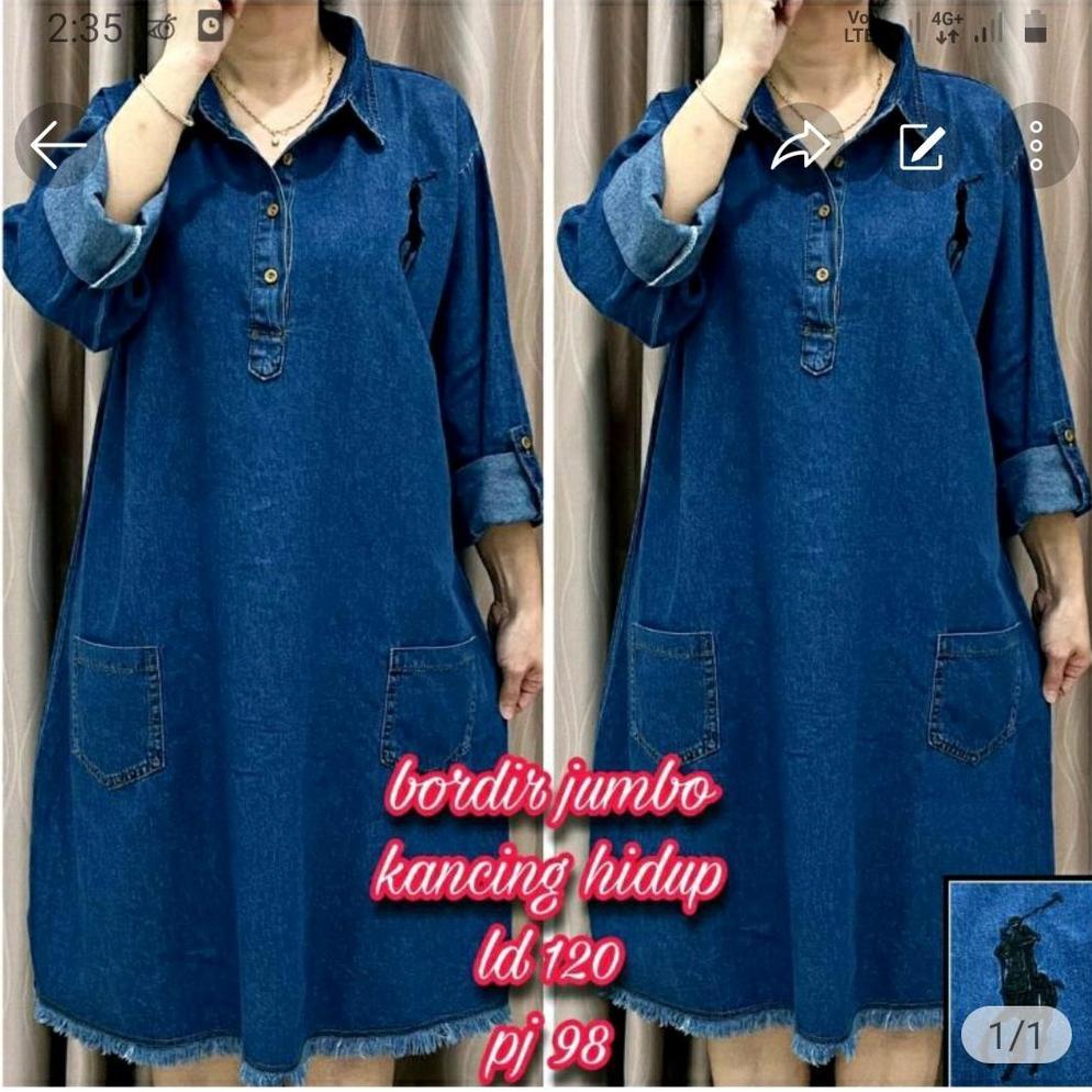 Tunik Jeans Wanita Dewasa Terbaru 2025 Kekinian Import Harga Murah Model Jumbo Bordir Ld 110,Ld 120 