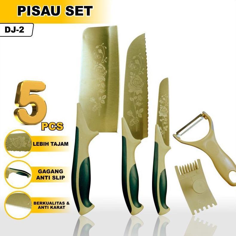 BIG SALE Pisau Set 5-in-1 Gold Motif Bunga Stainless Steel Tajam / PISAU SET GOLD / PISAU