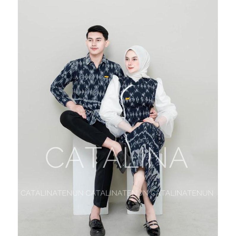 PR0M0 Baju tenun baju couple tenun jenar navy hitam - baju couple kondangan - tenun couple set - kem