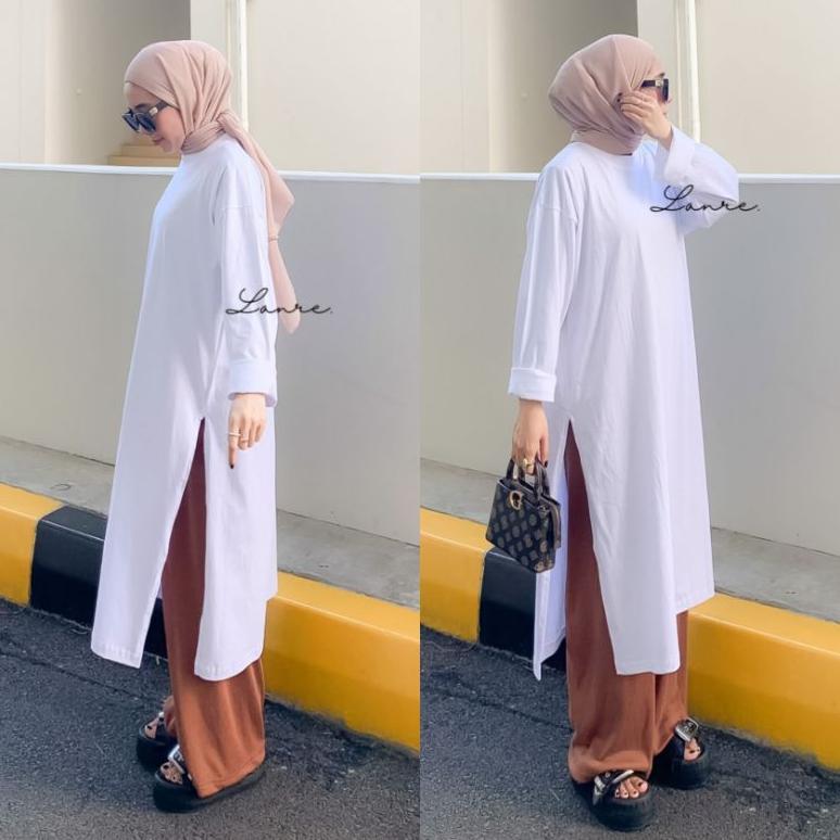 Nuna Tunik Busui - Midi Dress Busui High Slit - Tunik Jumbo Bahan Kaos - Atasan Warna Putih Agustusa