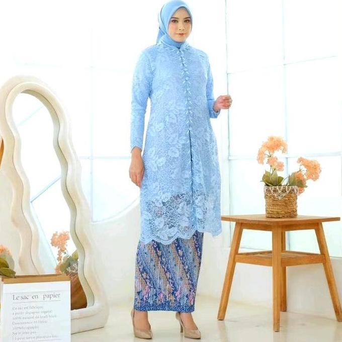 Hadirpopuler- Couple Kebaya Tunik Tulle Mutiara Ice Blue Baju Batik Dewasa  Panjang  Pendek  Wanita 