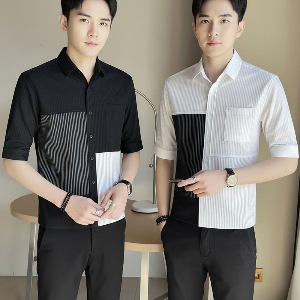 TERBARU Kemeja Pria Korean Style Garis Kontras Kemeja Kasual Lengan Pendek Fashion Pria Kekinian Sli
