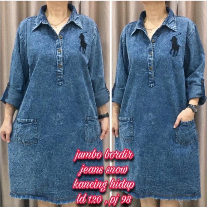 Tunik Jeans Wanita Dewasa Terbaru 2025 Kekinian Import Harga Murah Model Jumbo Bordir Ld 110,Ld 120 