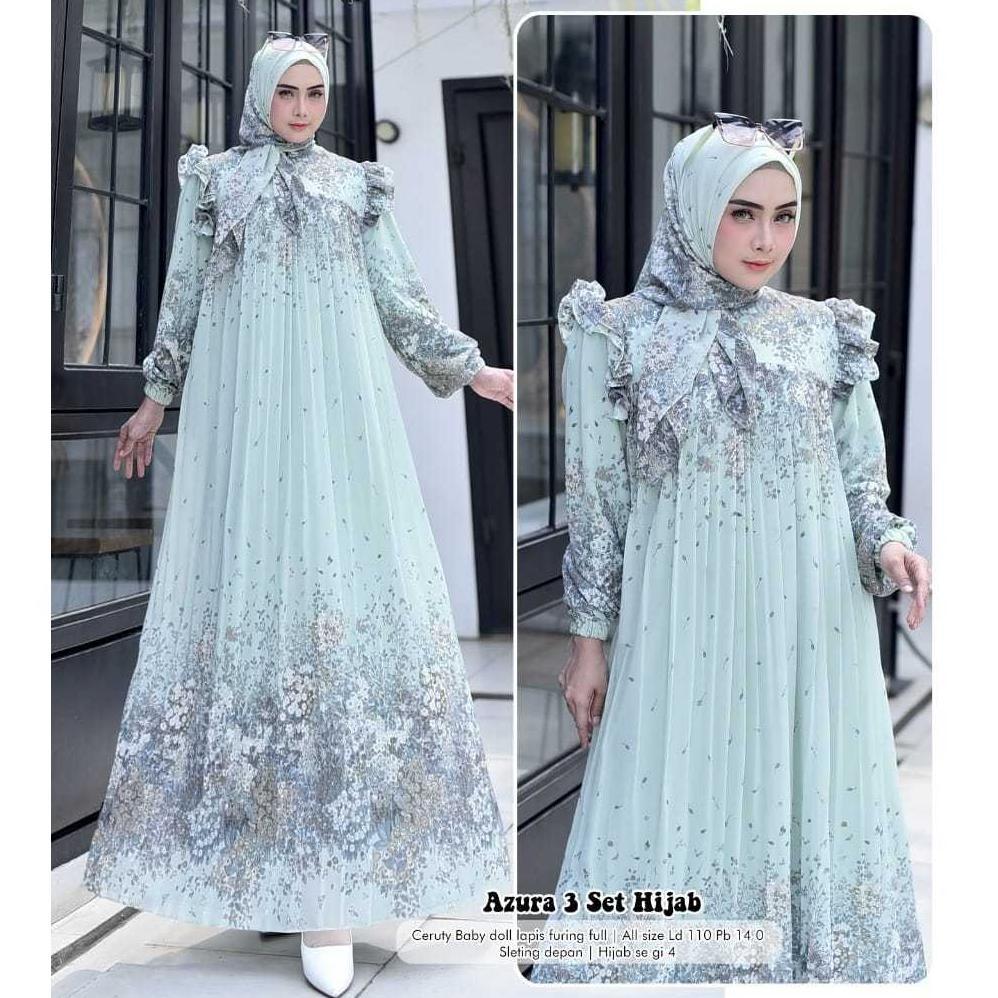 DISKON Azura 3 set hijab segi4 / Gamis dress plisket / gamis wanita kekinian / terbaru