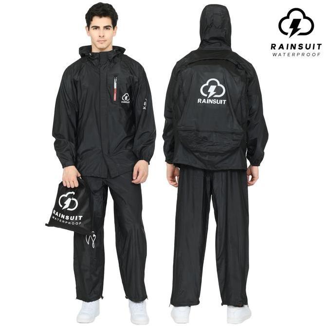 RAINSUIT Jas Hujan Raincoat Ransel Backpack Pria Wanita Bahan PVC Warna Hitam Waterproof Zipper deng