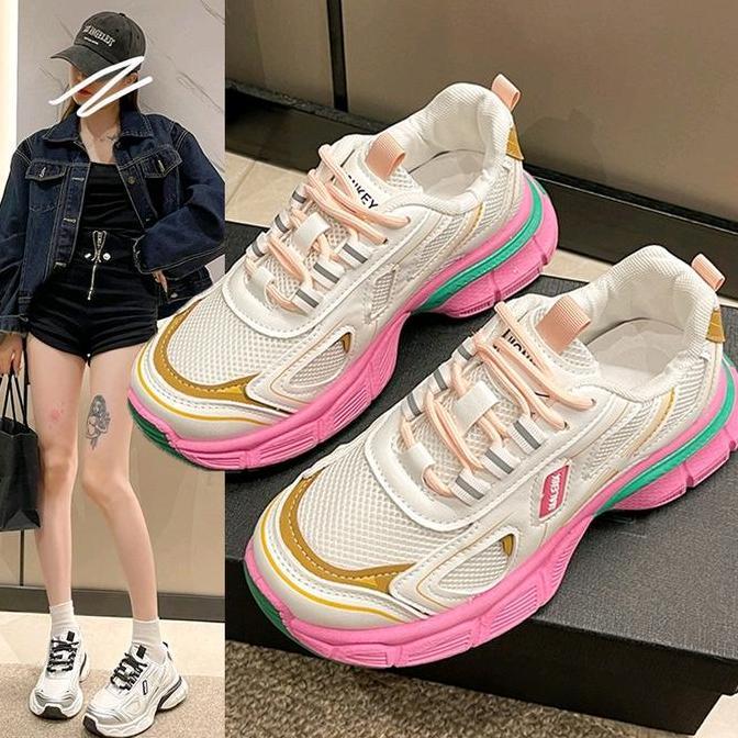 Fashion Sepatu Sneakers Korea Wanita Putih Pink Original Murah Casual Karet Sport Shoes