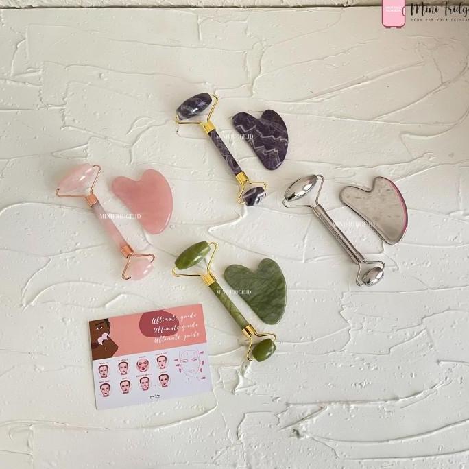 Jade Roller 2 Sisi dan Guasha - Alat Pijat Wajah Facial Massage Roller