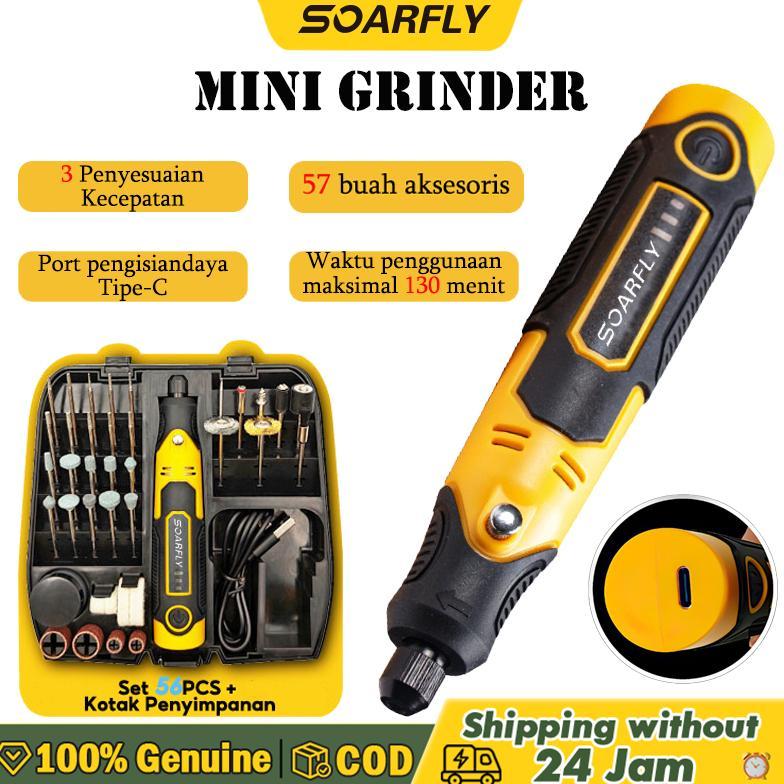 TERBARU 2026 SOARFLY Mini Gerinda/Mini Bor Set 57Pcs 3 gigipenyesuaian 16000r/RPM mesin ukiran poles