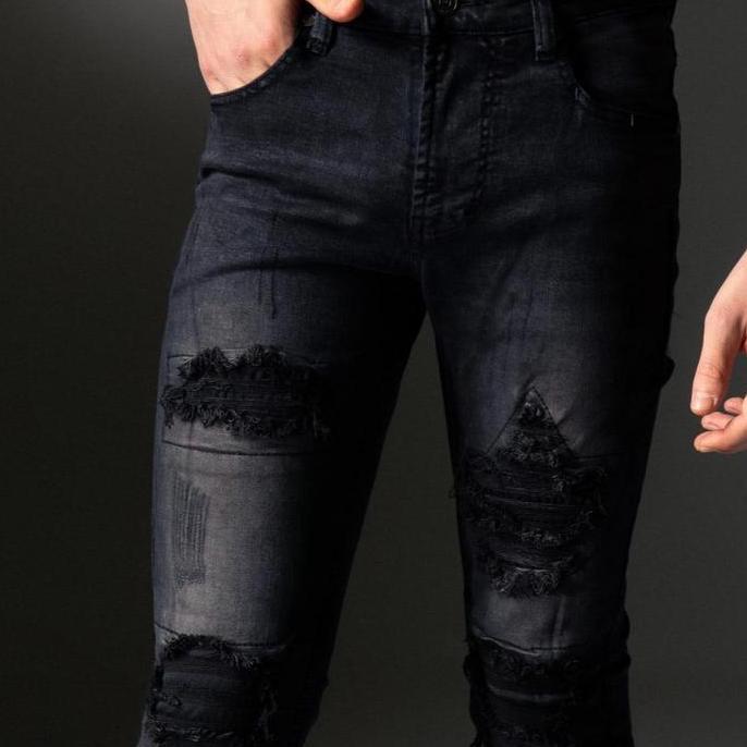Weird Jeans - Austin Black - Celana Jeans Pria Slimfit Strech Ripped Tambal Denim Nyaman Stretch