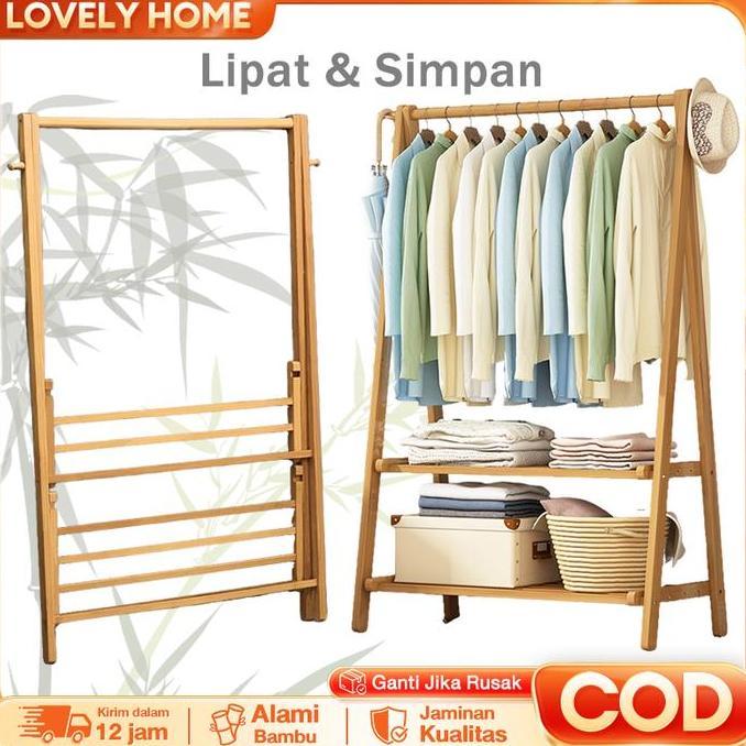 SUPER HEMAT - LOVE Rak baju gantung lipat Rak pakaian bambu Tempat gantung baju portable Hanger baju