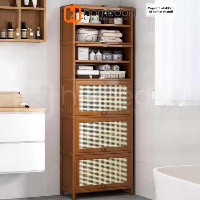 NEW - Homedoki - Lemari Buku Minimalis Tertutup Kayu/Lemari Sepatu Bambu/Lemari Penyimpanan Bambu