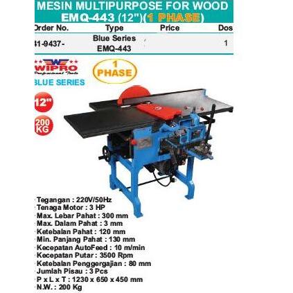 GUNMED Mesin Kayu Multifungsi 300mm WIPRO EMQ-443 / Mesin Potong Kayu Multipurpose MQ443A - Planing 