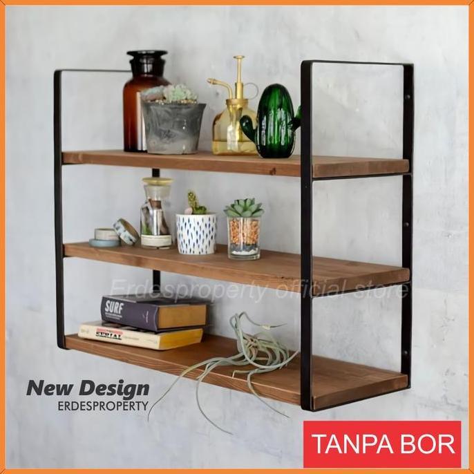Rak Dinding 3 Ambalan Kayu Besi Buku Make Up Kosmetik Hiasan Dekorasi Kamar Ruang Tamu anti karat pl