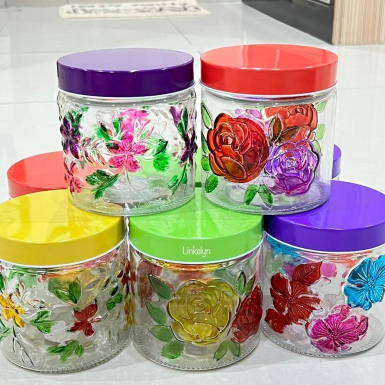 TOPLES KACA MOTIF BUNGA RANDOM 850ML TOPLES KUE KERING LEBARAN CANTIK