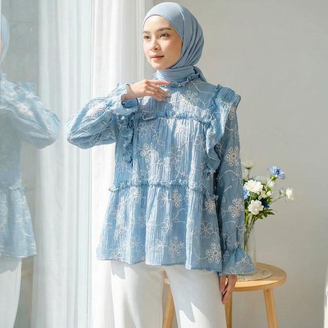 Blouse Lebaran Wanita Lengan Panjang / Blouse Putih Bordir / Blouse Kondangan LA