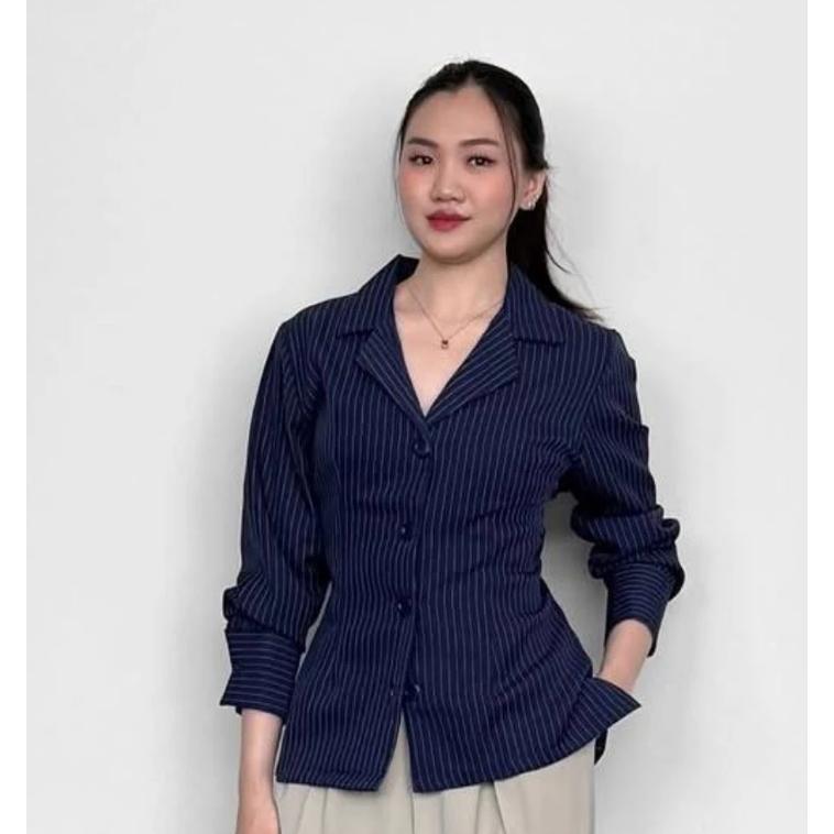 Esme Blazer - Fitted Stripe Shirt Blazer Semi Wool Atasan Wanita Lengan Panjang Blazer Formal & Casu