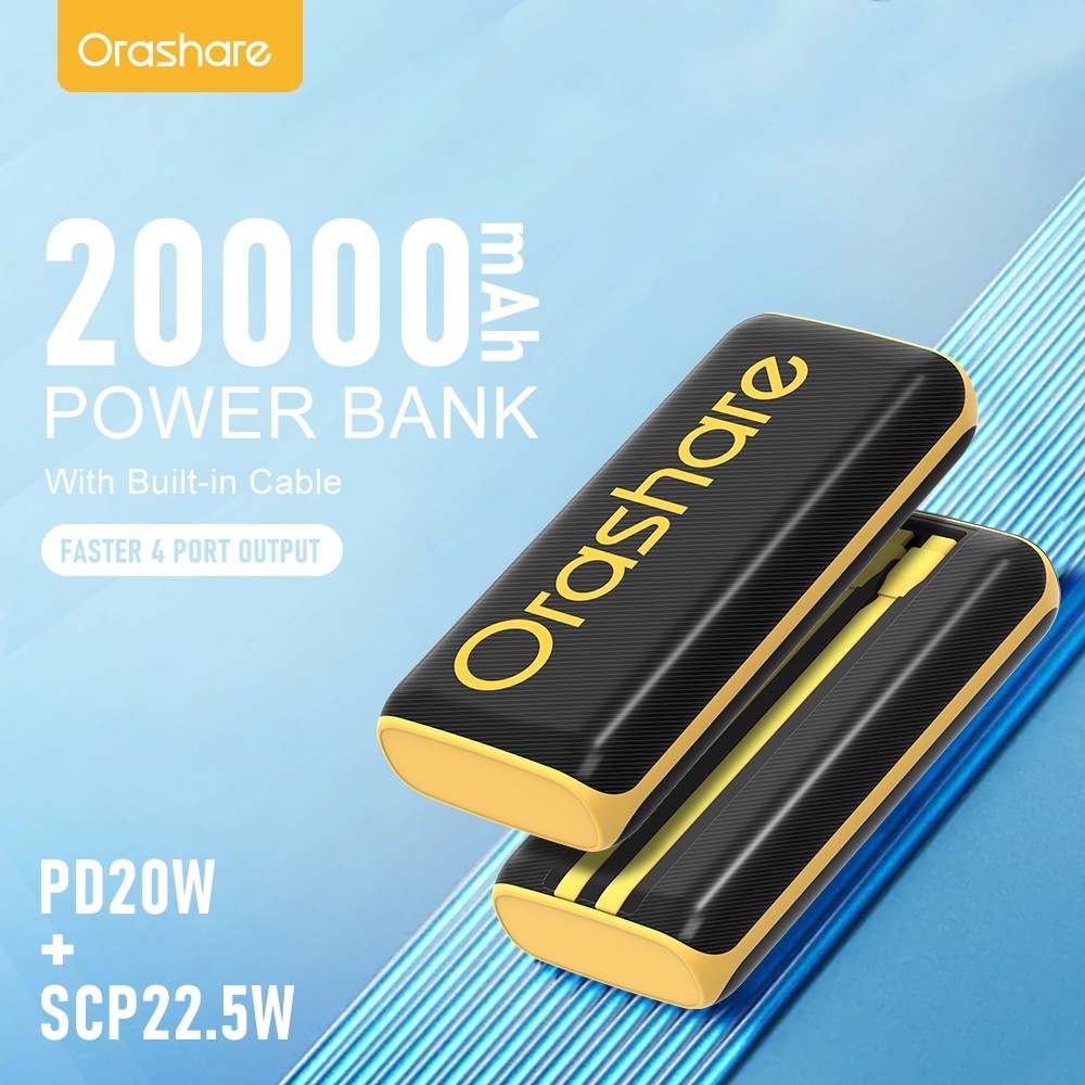 Orashare Pdc20Pro Powerbank 20000Mah 22.5W Super Fast Charge Power Bank 2 Kabel Type C Lightning Pd 