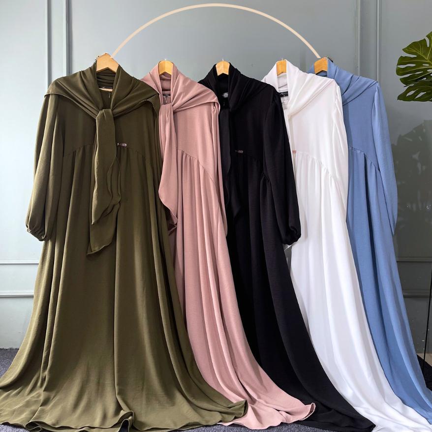 Luna Set Syari Gamis Set Hijab Pasmina Oval Cringkle Airflow Original