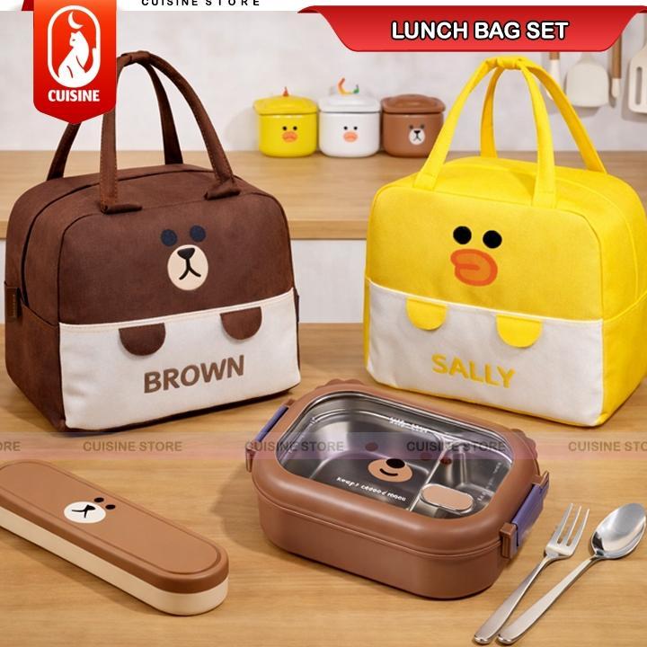 Lunch Bag Set Karakter Lengkap | Tas Bekal Anak & Dewasa + Kotak Makan Stainless & Alat Makan Bebek 