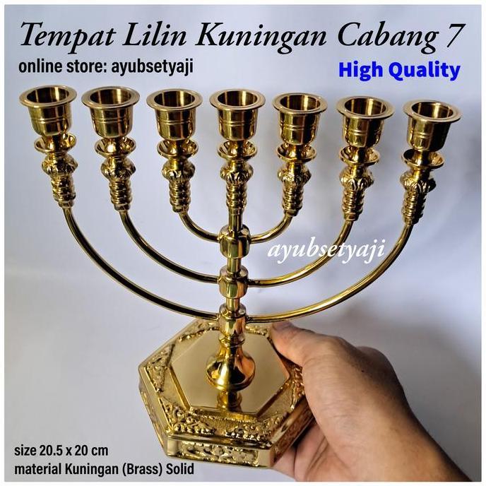 Tempat Lilin Kuningan Cabang 7 MENORAH Brass Wadah Datar Kaki Dian ALTAR ANTIQUE BRASS Gold Candle