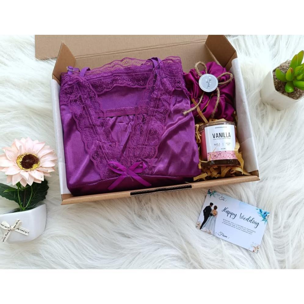 DISKON HAMPERS WEDDING,  KADO PERNIKAHAN, SET GIFTBOX WEDDING, HAMPERS LINGERIE LILIN AROMATERAPI KA