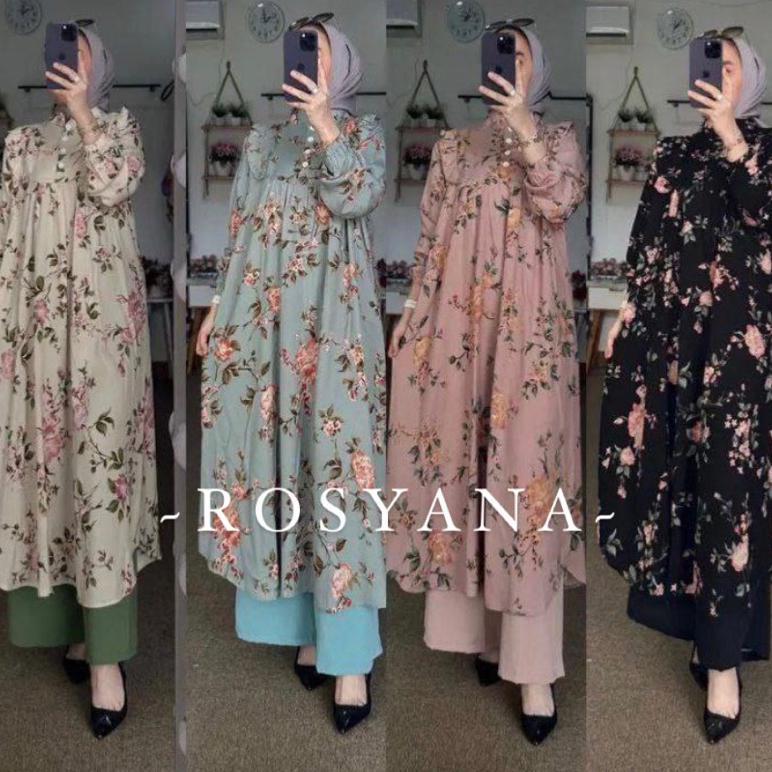 VELISSA SETELAN LONG TUNIK  MOTIF BUNGA JASMINE KECIL BAHAN RAYON DIAMOND CELANA CRINGKEL PREMIUM