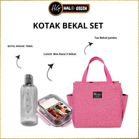 Kotak Makan Set 3in1 Lunch Box Kaca  Kotak Makan Dengan Tas Bekal Jumbo