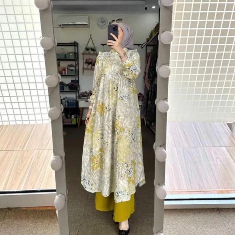 HOT Setelan Long Tunik  Motif Bunga Jasmine Kecil Bahan Rayon Diamond Celana Cringkel
