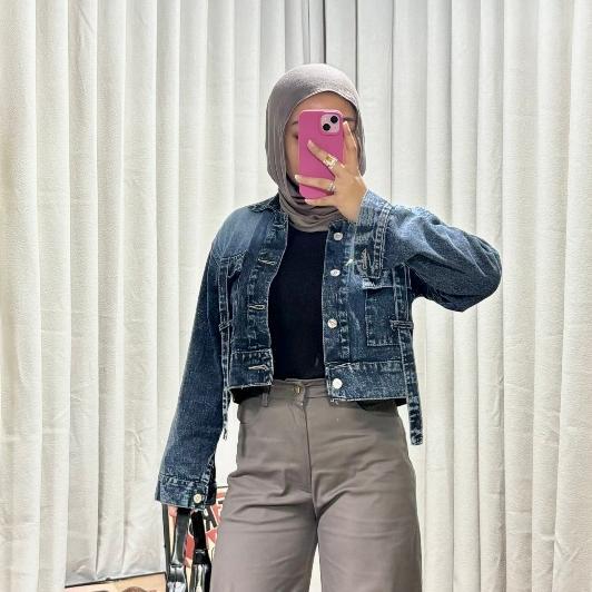 HEMAT EMWEHA Fuji Jaket Crop Jeans Denim Oversize cewek Pocket Variasi Tali Denim