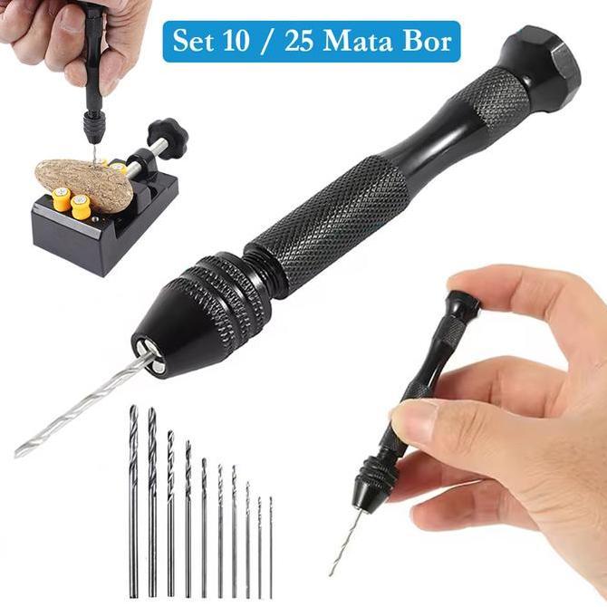BAIAVY Bor Tangan Manual Diecast Mini Hand Drill with 10/25 Mata Bits HSS untuk Kayu Besi Kerajinan 
