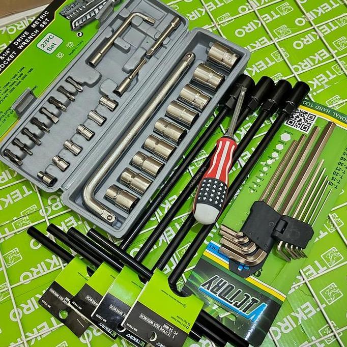 PROMO  KUNCI SOK SET LENGKAP 27PCS / TEKIRO KUNCI SOCK T 8MM 10MM 12MM 14MM / KUNCI L HEX KEY 9PCS P