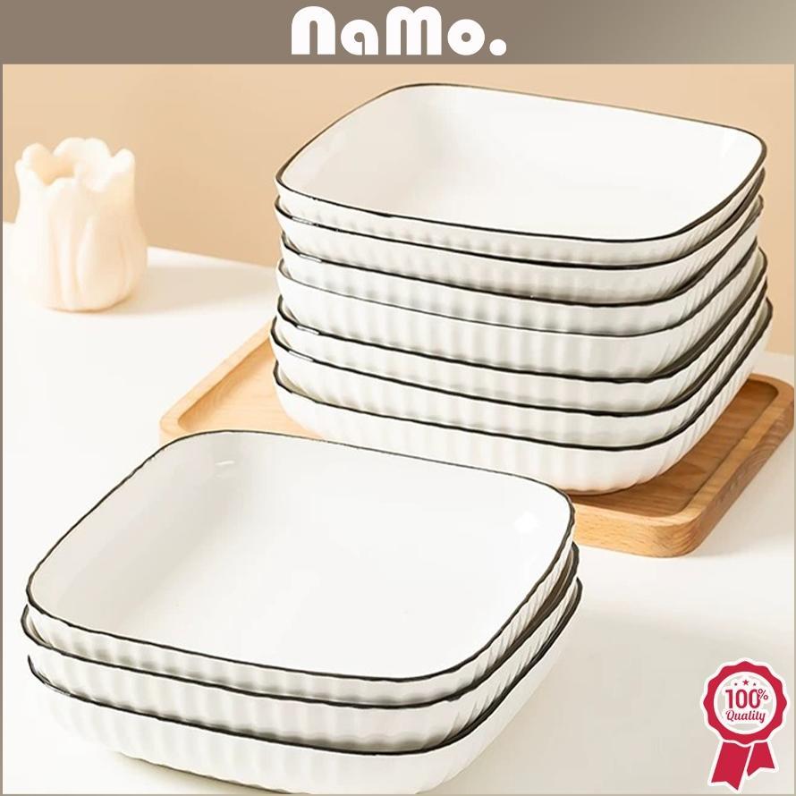 GARANSI Namo Gift - Piring Makan Kotak Keramik Putih List Black Yamada Style/ Piring Persegi Japanes