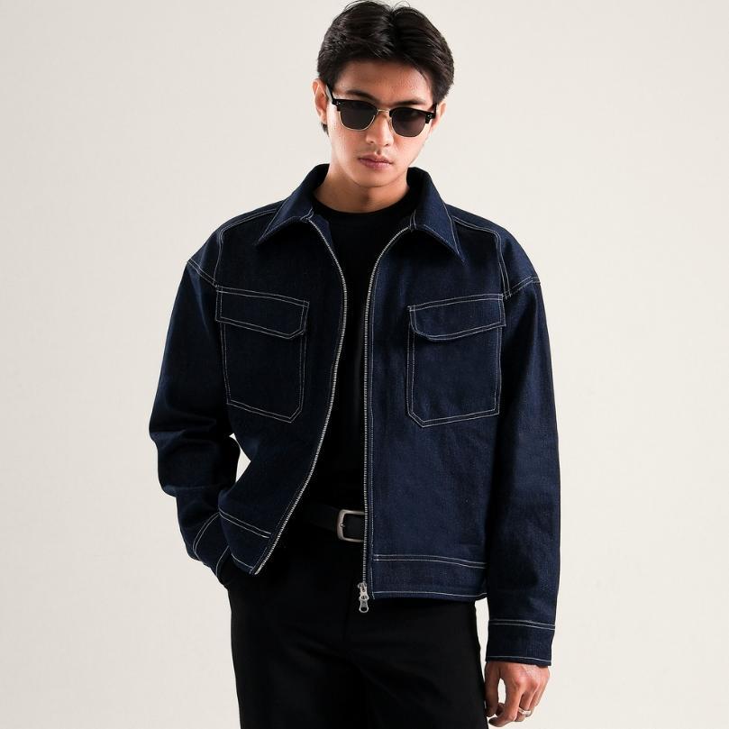 KUALITAS SUPER NOHAKU Velden Denim Boxy Double Zip Jacket Blue