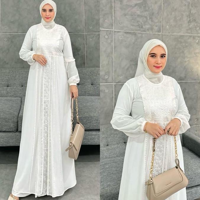 New Gamis Abaya Turkey Bordir Safira Full Putih Bw Tali Belakang Divvsaa Collection Terbaru - Muslim