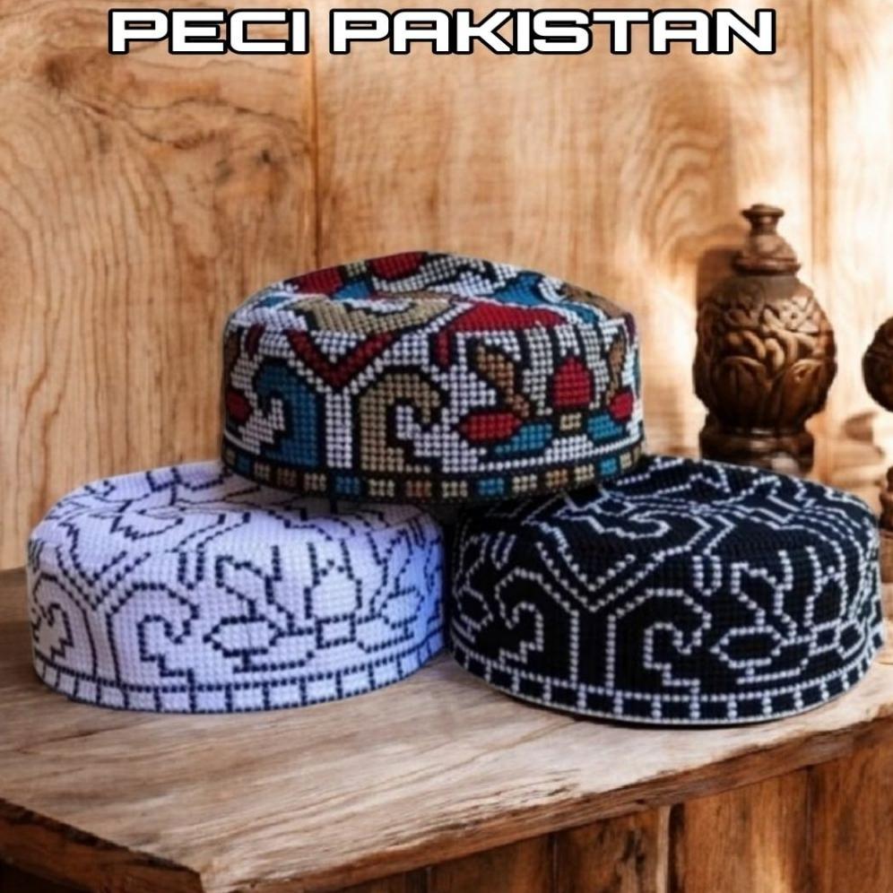 Peci Songkok Kopiah Pakistan Motif Putih Hitam
