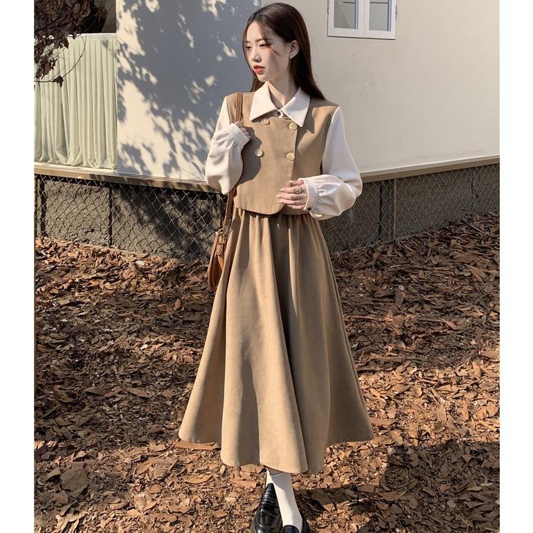 TERBARU DRESS RETRO KASUAL WANITA GAYA KOREA DRESS LENGAN PANJANG KERJA LONGGAR