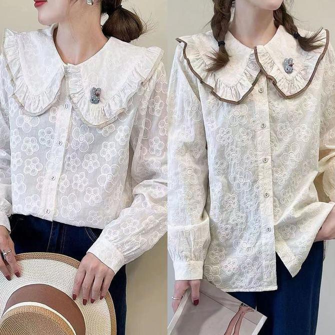 Blus Katun Bordir Blus Katun Bordir Bunga Ivory Putih Gading Collar Rampel Bros