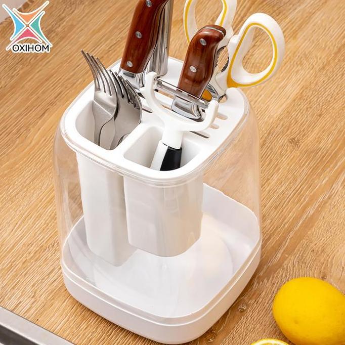Oxihom Tempat Sendok Estetik Tempat Sendok Garpu dengan Tutup Tempat Pisau Dapur Tenpat Sendok Putar