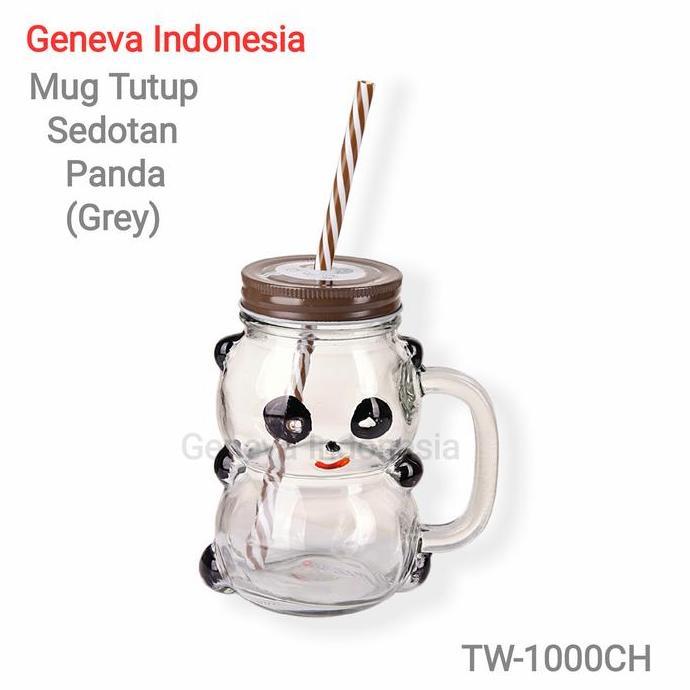 Mug Tutup Sedotan - Gelas Tutup Sedotan Kaca Motif Panda Homeline