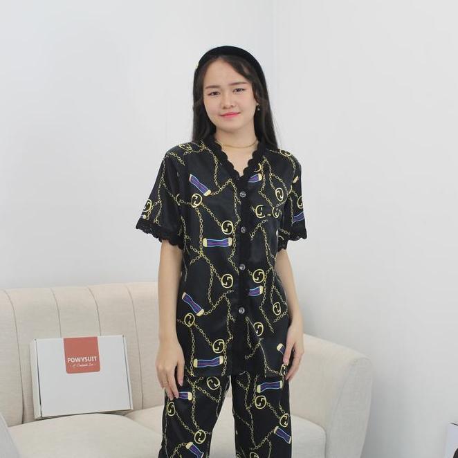 St Rantai Powysuit Motif Rantai Bahan Satin Baju Tidur One Paket