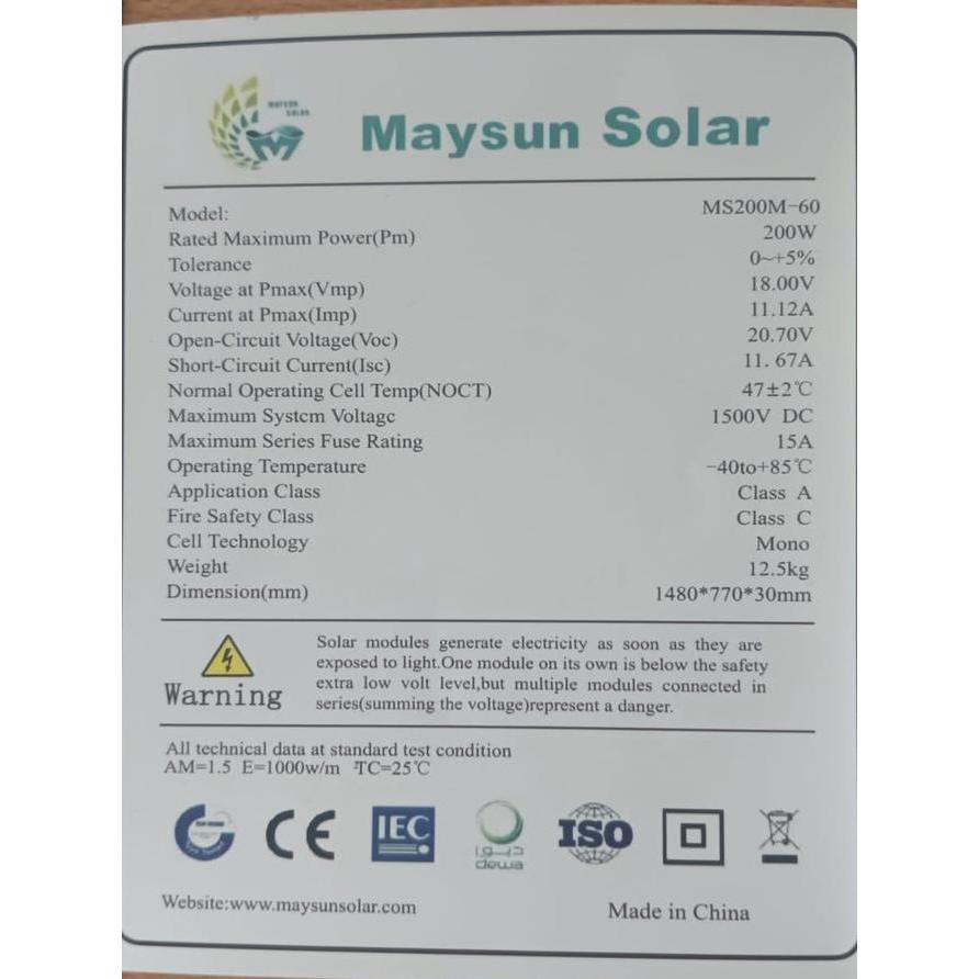 Solar Panel Mono 200WP Maysun Solar MS Solar / PV Panel Surya MS 200WP