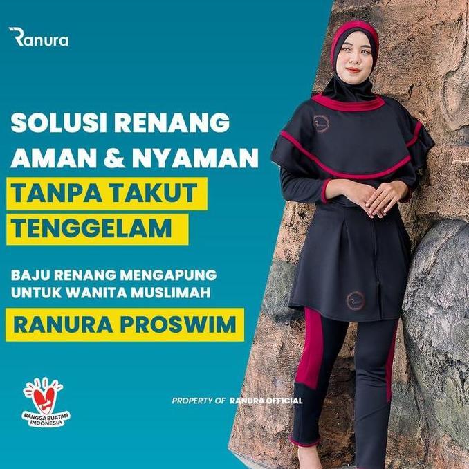 BAJU RENANG PELAMPUNG WANITA MUSLIMAH RANURA PROSWIM HIJAB DEWASA PANJANG SYARI BLACK MAROON ALAT TE