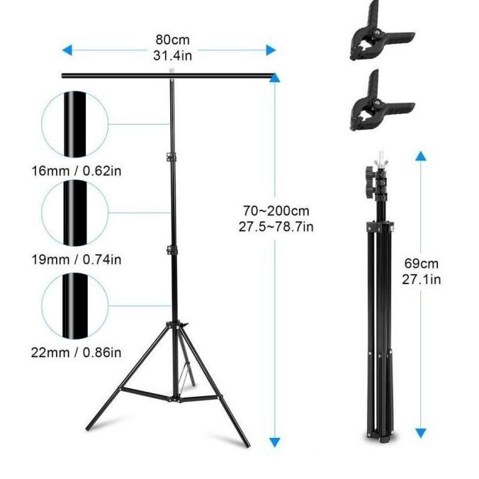 KASDIUM T-Shape 2 Clamp Tripod Stand Background Tiang Backdrop Green Screen