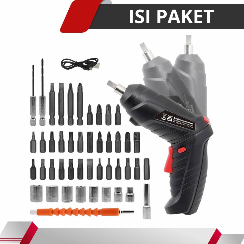 Bergaransi Bor Obeng Elektrik Set Komplit 48 Pcs Cordless Screwdriver Charger Bor Mini Baterai Tanpa