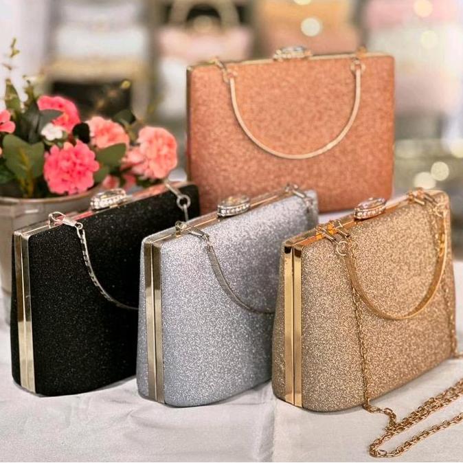 Tas Pesta EMERY Box Clutch dengan Tali Pendek Besi dan Tali Panjang Rantai - Wanita