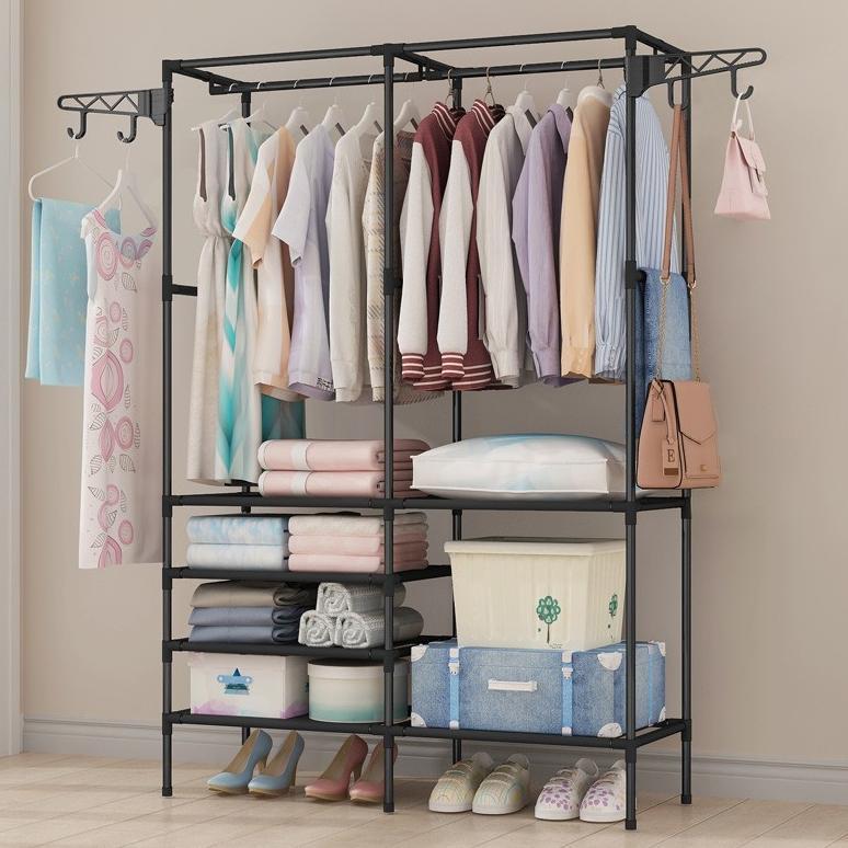 Flash Sale Rak Baju Portable 3/4 Baris Multifungsi Lemari Besi Lantai Kamar Pengering Pakaian Rumah 