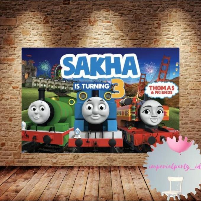 Ready  Custom Happy Birthday Backdrop Banner Spanduk Ultah Anak Thomas Kereta