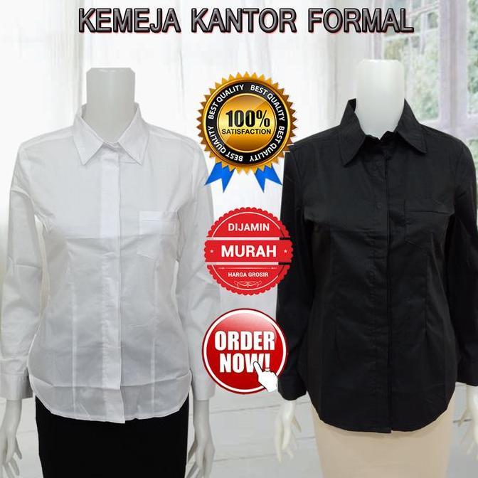 Kemeja Kantor Formal Wanita Putih Hitam Lengan Panjang Bahan Katun Ringan Adem Model Polos Saku Dada